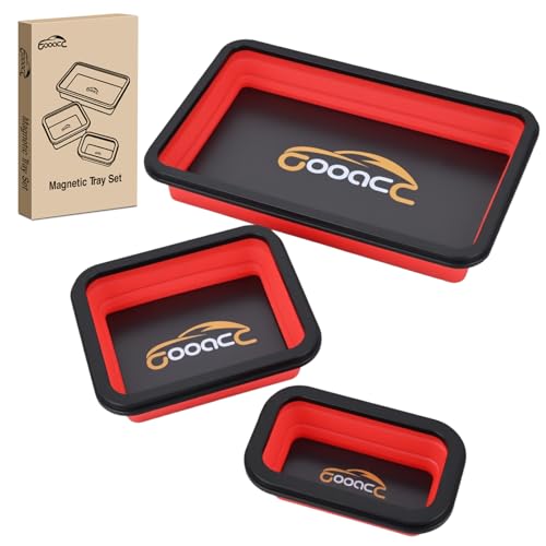 GOOACC 3 Sizes Collapsible Magnetic Parts Tray Set Red Silicone Foldable Tool Trays Organizer for Screws Bolts Nuts Pins Washers and Other Small Metal Parts Double Sided Magnet Base - color: Red