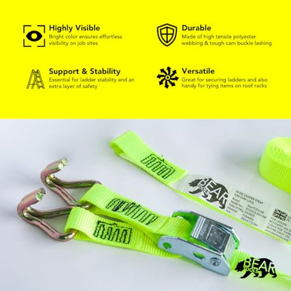 BearTOOLS 3 Meter Hi-Vis Ladder Strap C/W Cam Lock - Ladder Straps for Safety - Cam Lock Connector, Stabiliser for Work Ladders - Avoid Slips & Accidents When Working At Height - size: HVLS-WH-3-hooks