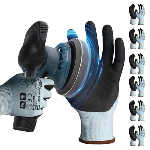 Schwer 6 Pairs Safety Work Gloves with Sandy Nitrile Coating, Extreme Fiber-Abrasion Resistance(Level 6-Certified) Heavy Duty Working Glove with Grip for Men Women, A2 Cut Glove, for Construction, M - size: Medium