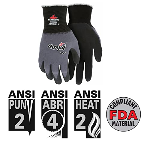 MCR Safety Gloves N96790M Ninja BNF 15 Gauge Work Gloves, Nylon/Spandex Shell with NFT Coated Palm & Fingertips, Black/Grey, Medium - size: Medium