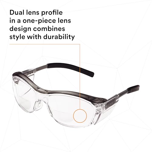 3M Safety Glasses with Readers, Nuvo Readers, +2.0 Diopter, Pack of 1, ANSI Z87, Clear Lens, Gray Frame, Soft Nose Bridge, Side Shields - color: Clear Lens (+2.0), Gray Frame, size: +2.0 Diopter