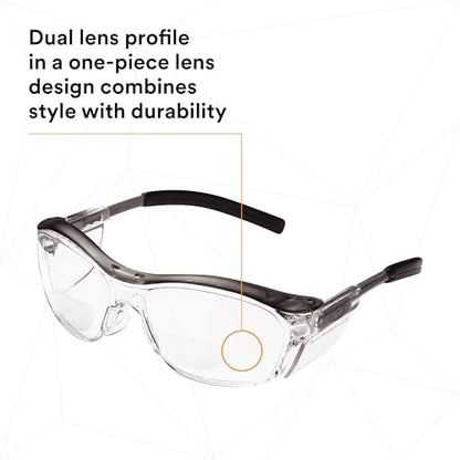 3M Safety Glasses with Readers, Nuvo Readers, +2.0 Diopter, Pack of 1, ANSI Z87, Clear Lens, Gray Frame, Soft Nose Bridge, Side Shields - color: Clear Lens (+2.0), Gray Frame, size: +2.0 Diopter