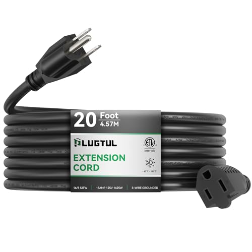 PLUGTUL Extension Cord 20 FT, 16/3 Outdoor Extension Cord Waterproof, Heavy Duty 3 Prong Extension Cord Black, 13A 1625W SJTW, ETL Listed, Great for Garden and Home - size: 20FT