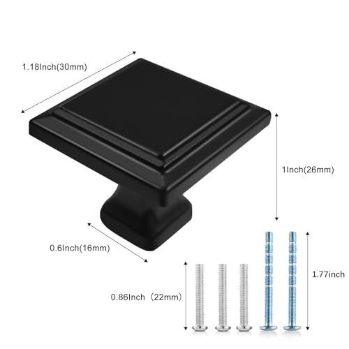 8 Pack Black Matte Cabinet Knobs, Square Drawer Knobs(30mm/1.2 Inch), Durable Dresser Knob with 16 PCS Screws, Pull Handle Hardware Kitchen Door Knobs for Cabinets - color: 8 PCS