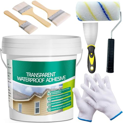 2.5Kg/101Fl.oz Transparent Waterproof Coating Invisible Waterproof Agent Set with Indoor&Outdoor Insulating Sealant with Wooden Brush Putty Knife Cut Resistant Work Gloves Paint Roller(3L/0.79Gal) - style: A