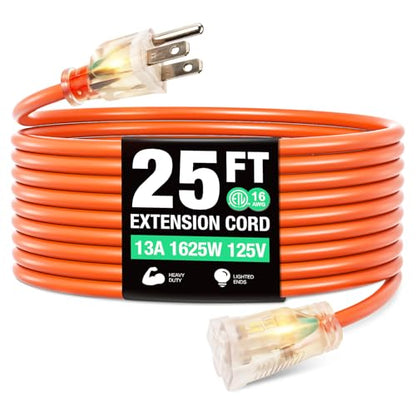 25FT Outdoor Extension Cord, Heavy Duty Extension Cord with 16/3 Gauge and 100% OFC Wire, Extra-Thick Insulation, Sturdy Jacket, Waterproof, Resistant to Heat and Cold for Home, Office, Outdoor