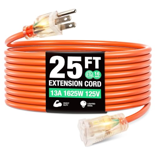 25FT Outdoor Extension Cord, Heavy Duty Extension Cord with 16/3 Gauge and 100% OFC Wire, Extra-Thick Insulation, Sturdy Jacket, Waterproof, Resistant to Heat and Cold for Home, Office, Outdoor
