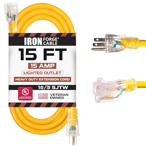 Iron Forge Cable Outdoor Extension Cord 15 ft - 10 Gauge Heavy Duty Extension Cord 15 AMP, 10/3 Yellow Power Cable SJTW Weatherproof with 3 Prong - color: Yellow, size: 15 Foot