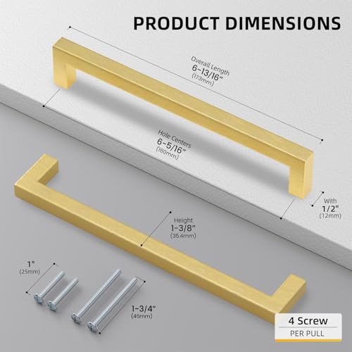 Goldenwarm 5 Pack 6-1/4 inch Gold Cabinet Pulls Brushed Brass Drawer Handles Modern Square Stainless Steel Hardware Pull for Kitchen Cupboard Dresser - color: Gold, size: 6 1/4 Inch Hole Center