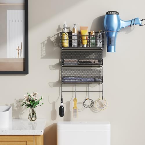 VITVITI Metal Hair Tool Organizer Wall Mount, Hair Dryer Holder with 3 Tier Shelf Basket Hooks, Bathroom Hair Styling Tool Organizer for Curling Iron/Blow Dryer/Straightener, Matte Black - color: 4 Tiers Black