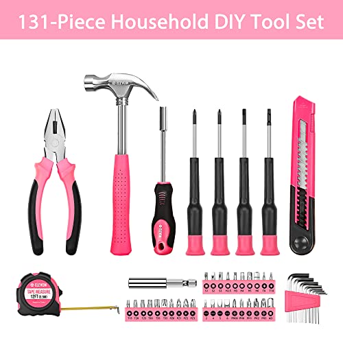 Elevon 131-Piece Pink Tool Set, Self-Use Tool Set with Storage Toolbox, DIY Basic Repair Tool, Suitable for Kitchen, Bathroom, Apartment, Dormitory and Pet House - style: 131 PCS
