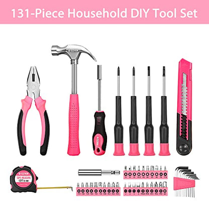 Elevon 131-Piece Pink Tool Set, Self-Use Tool Set with Storage Toolbox, DIY Basic Repair Tool, Suitable for Kitchen, Bathroom, Apartment, Dormitory and Pet House - style: 131 PCS