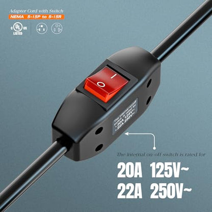 Inline On/Off Switch Extension Cord, Plugrand 3-Prong Household Switchable Power Cords, Heavy Duty 15A 125V, Double Break Switch Extension Cable, 40CM Cord