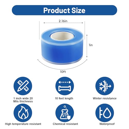 2-Pack Blue Silicone Tape (20 Ft Total) - Flexible Grip Tape for Sport Rackets & Fishing Rods - Leak Seal Repair for Irrigation Pipes - Easy-Peel Liner, 1 Inch x 10 Feet - color: Blue