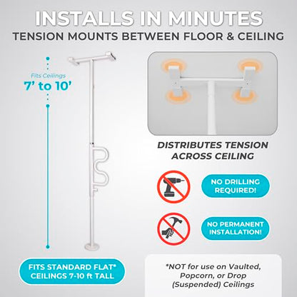 Stander Wonder Pole, Security-Pole and Curve Grab Bar, Tension Mounted Floor to Ceiling Transfer-Pole for Seniors, Elderly Adults, Bathroom Safety Assist and Stability Rail, White - color: Iceberg White