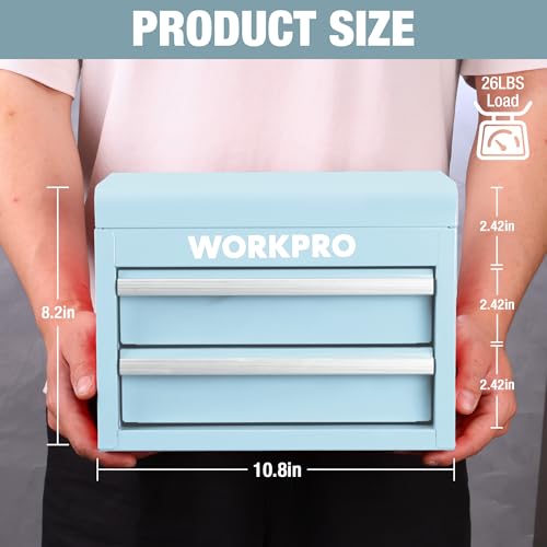 WORKPRO Metal Mini Tool Box, Top Tool Chest containing Two Drawers with Ball Bearing Slides, PVC Drawer Liners and PP Feet Pads, Durable Cold Rolled Steel Small Toolbox for Multi-Purpose Storage - color: Macaron Blue