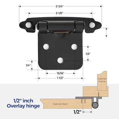 Ravinte 50 Pack 25 Pairs 1/2" Overlay Cabinet Door Hinges Kitchen Black Semi-Concealed Hinges Face Mount Self-Closing Cabinet Hardware with Bumpers & Screwdriver - size: 1/2 inch Overlay
