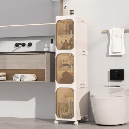 KHNR 3-Tiers Slim Bathroom Storage Cabinet, Foldable Storage Cabinets,Narrow Bathroom Storage,Movable Bathroom Storage Organizer for Small Spaces,Bathroom,Kitchen,Laundry,Cream White - color: Cream White, size: 3-Tiers