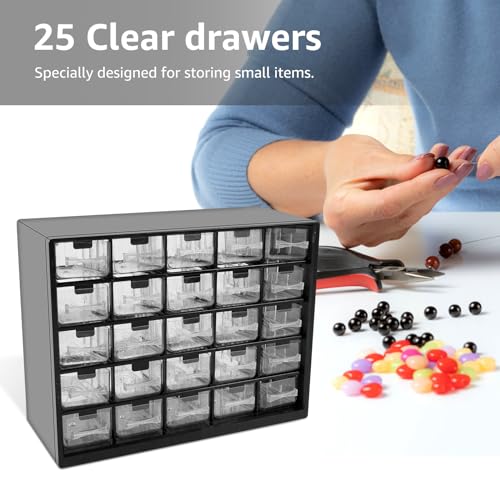 25 Drawers Stackable Storage Cabinet with 50 Removable Dividers, Clear Small Parts Organizer for Hardware, Crafts & Beads, Desktop Drawer Unit for Office Supplies & Teacher Toolbox, 11.5×8.9×4.8 In