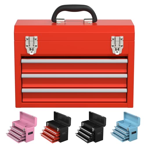 3 Drawers small Tool Box, Portable 3 Drawer Steel Tool Box with Locking System toolbox organization with Liner for Tools Storage (Red) - color: Red