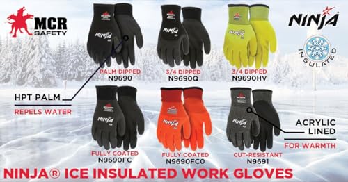 MCR Safety N9690FCS Ninja Ice Insulated Work Gloves, 15-Gauge Black Nylon Shell with Acrylic Terry Interior, Fully Coated with HPT, Small, 1-Pair - size: Small (Pack of 1)