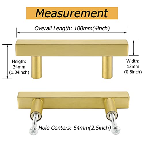 Goldenwarm 25 Pack Gold Cabinet Handles 2-1/2"(64mm) Brushed Brass Cabinet Pulls T Bar Drawer Pulls for Kitchen Cupboard & Drawer Hardware - color: Gold, size: 2-1/2 Inch Hole Center