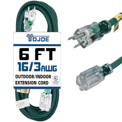 YOJOE Indoor Outdoor Extension Cord with Lighted End, 3 Prong 13A Weatherproof Power Cord, 16 Gauge Heavy Duty 6 ft Green Extension Cord for Garage, Garden and Home, 16/3 SJTW UL Listed - color: Green, size: 6 Foot, style: 16/3 Lighted-End