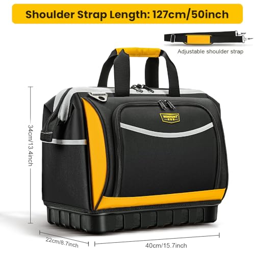 WINHUNT Tool Bag, Hard Bottom Professional Tool Tote, Multi-Pocket Storage with Shoulder Strap, Black and Yellow (Yellow & Black, 16 inch)