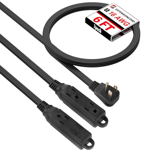 EP 6 Ft 3 Outlet Extension Cord with Flat Plug, 3 Prong Grounded, 16/3 SPT-3 Power Cable for Indoor Use, Black, 2 Pack - color: Black, size: 6 Ft