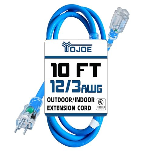 YOJOE Indoor Outdoor Extension Cord with Lighted End, 3 Prong 15A Weatherproof Power Cord, 12 Gauge Heavy Duty 10 ft Blue Extension Cord for Garage, Garden and Home, 12/3 SJTW UL Listed - color: Blue, size: 10 Foot, style: 12/3 Lighted-End