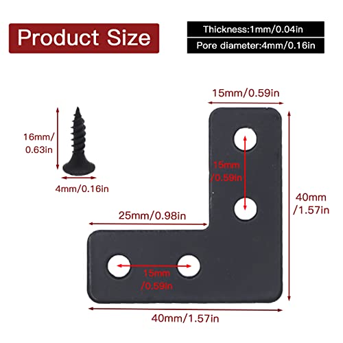 20pcs 1.6 x1.6inch Black L Flat Shape Braces Corner Bracket, 40x40 mm Decorative Corner Brackets Mending Plate, Cold Rolled Steel 90 Dgree Angle Bracket for Wood Furniture Fixing - size: Black 40x40 mm