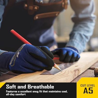 COOLJOB A5 Fiberglass Free Cut Resistant Gloves for Men, Touchscreen, Grip Nitrile Coated, No PFAS, Non Slip, Soft & Durable - color: Blue (Pack of 3), size: Medium