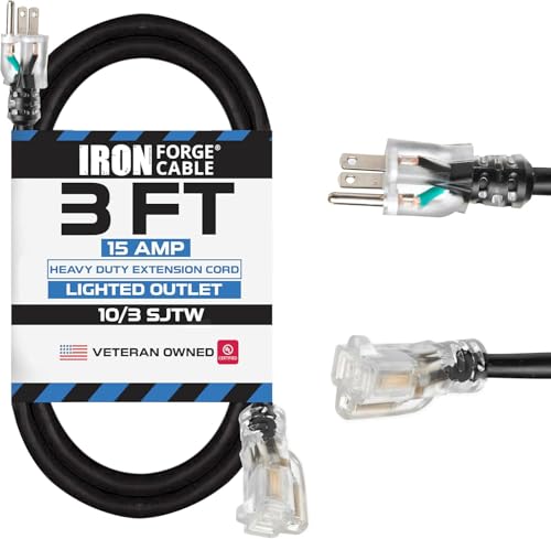 Iron Forge Cable 3 ft Lighted Outdoor Extension Cord - 10 Gauge Heavy Duty Extension Cord, 15 AMP, 10/3 Black Power Cable SJTW Weatherproof 3 Prong Grounded Plug for Safety - color: Black, size: 3 Foot