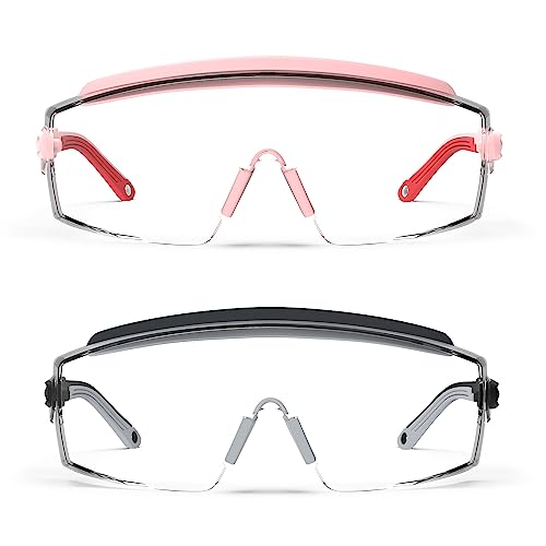 Anti Fog Safety Glasses Safety Goggles Over Glasses Protective Glasses with Anti Scratch Lenses Adjustable - color: 2 Pack (Pink + Black)