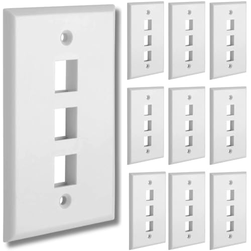 Cmple - 3 Port Keystone Wall Plate White (10 Pack) with Standard Size Keystone Jack Plate Insert 1 Gang Ethernet Wall Plate for RJ45 Keystone, Modular Inserts - color: 3 Port White, size: 10 Pack