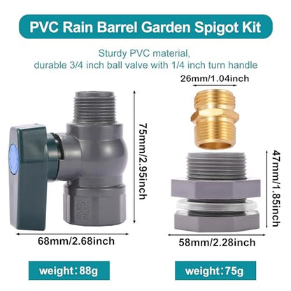 2 Set 3/4 Inch Rain Barrel Spigot Kit - BILAL Water Barrel PVC Garden Diverter Kit with Bulkhead Fitting Hose Faucet Adapter and Thread Seal Tape for Water Tanks, Aquariums, Tubs, Pool, Garden Barrel - size: 2-Set