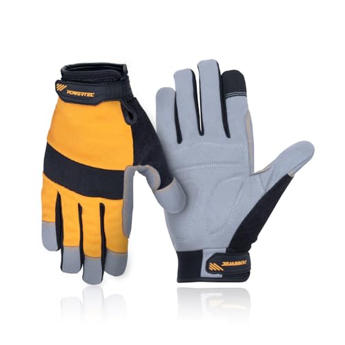 POWERTEC Safety Work Gloves | Work Gloves for Men and Women, Touch Screen, Flexible Breathable, Fit Padded Palm for Vibration Reduction, For Construction, Mechanical work & Light work 1 Pair (Size L) - size: Large, style: Safety Work Gloves
