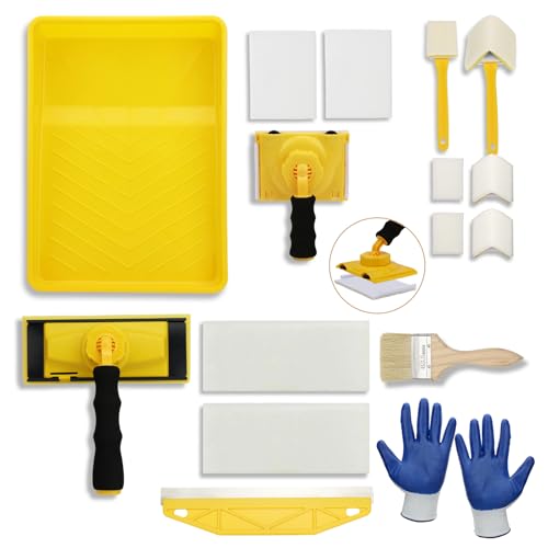 Paint Edger Tool Kit - 9 Inch Paint Pad Set, 16 PCS Paint Edger with Trim - Touch-Up Pad, Corner Wall and Ceiling Pad, 360° Rotation Handle Paint Edger Trimmer, Paint Tray, Paintbrush