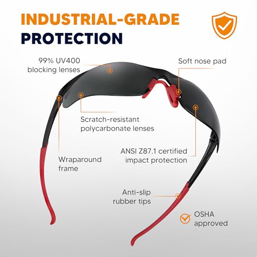 Safety Glasses Tinted 3 Pack, Protective Eyewear for Men Women UV Protection ANSI Z87.1, Safety Sunglasses Bulk Scratch Impact Resistant Eye Protection with Nose Pads for Construction Work Smoke - color: Smoke Lens/Red Temples, style: 3 Pack