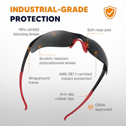 Safety Glasses Tinted 3 Pack, Protective Eyewear for Men Women UV Protection ANSI Z87.1, Safety Sunglasses Bulk Scratch Impact Resistant Eye Protection with Nose Pads for Construction Work Smoke - color: Smoke Lens/Red Temples, style: 3 Pack