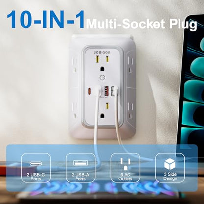 JcBlaon Surge Protector Outlet Extender 6 Outlet Extender with 4 USB Ports (PD 30W), 3 Sided 1050J Multi Plug Wall Adapter Power Strip for Home Travel Office Essentials - color: White PD30W 1PC