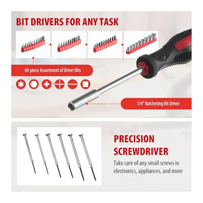 146-Piece Household Tool Kit - Perfect for Home Repair, Car Maintenance, DIY Projects - Complete Set w/Hammer, Screwdrivers, Pliers, Wrench with Storage ToolBox - Ideal Gift