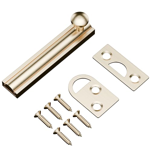 3 Inch Solid Brass Surface Bolt, Heavy Duty Concealed Slide Surface Door Bolt, Slide Bolt Latch French Door Lock with Screws for Windows Cabinet Wooden Fence Yard, Brushed Gold, 1 Pack - color: Brushed Gold-1 Pack, size: 3 Inch