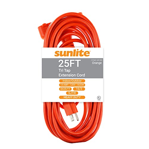 Sunlite 04180-SU Light Duty 25-Foot Three Outlet Extension Cord, Three Prong, 16/3 Gauge, 13 Amp, Orange, UL Listed