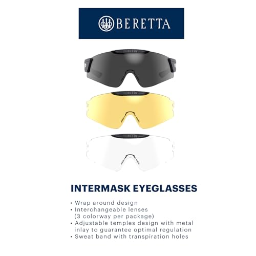 Beretta Intermask Wraparound Design Adjustable Protective Shooting Eyeglasses with Interchangeable Lenses (3 Colors per Pack) - color: Fume & Neutral & Yellow