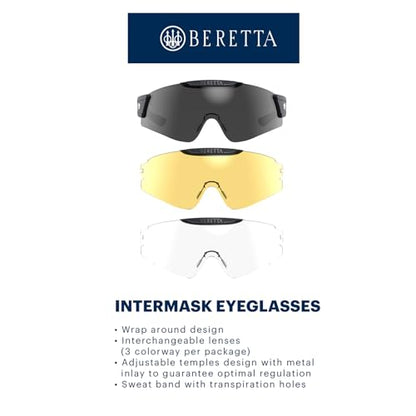 Beretta Intermask Wraparound Design Adjustable Protective Shooting Eyeglasses with Interchangeable Lenses (3 Colors per Pack) - color: Fume & Neutral & Yellow