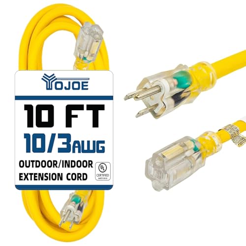 YOJOE Indoor Outdoor Extension Cord with Lighted End, 3 Prong 15A Weatherproof Power Cord, 10 Gauge Heavy Duty 10 ft Yellow Extension Cord for Garage, Garden and Home, 10/3 SJTW UL Listed - color: Yellow, size: 10 Foot