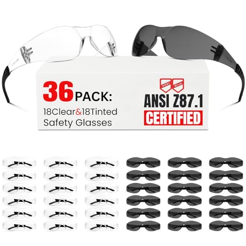 ANSI Z87.1 Safety Glasses Men Women 36 pack(18pack clear safety glasses+18pack safety sunglasses) Scratch & Impact Resistant eye protection glasses for Construction, Outdoor Sports & Work - color: 18pcs-gray+18pcs-clear