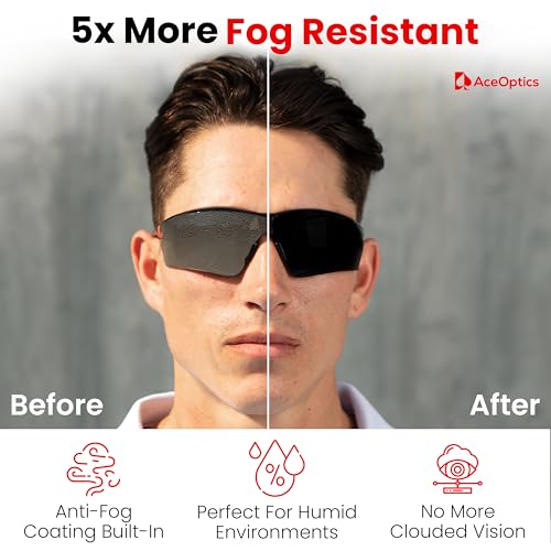 Safety Glasses – ANSI Z87 Certified, 5X Anti-Fog ClearShield™ Lenses with Premium Hard Case & Accessory Bundle - color: Red & Black / Tinted