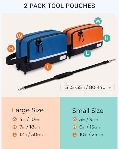 2 Pack Small Tool Bags Zipper Pouch for Organizing, with Adjustable Shoulder Strap & Carabiner, Utility Small Tool Pouch with Multi Pocket Compartments and Label Area (12" & 10") - color: Orange/Blue